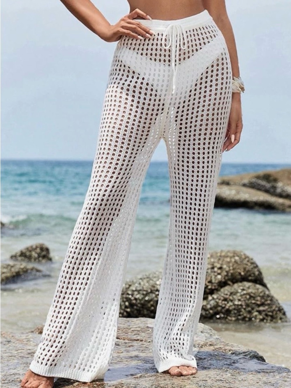 Women’s White Crochet Beach Pants - Lightweight Tie Waist Cover-Up